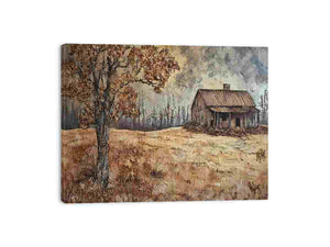 Rustic autumn cabin landscape canvas art for cozy farmhouse living room decor.