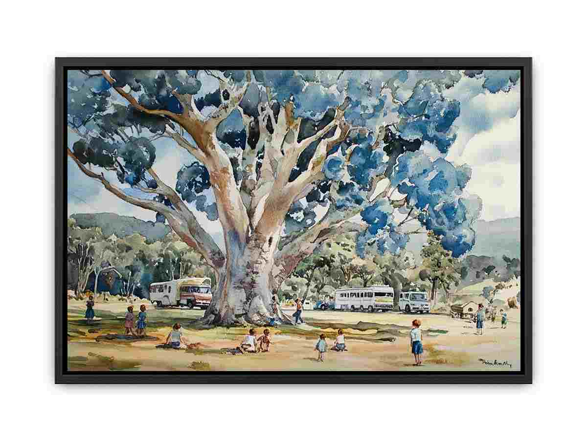 Watercolor blue gum tree canvas art with children and caravans for family room decor.