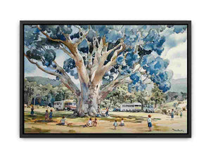 Watercolor blue gum tree canvas art with children and caravans for family room decor.