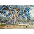 Watercolor blue gum tree canvas art with children and caravans for family room decor.