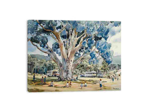 Watercolor blue gum tree canvas art with children and caravans for family room decor.