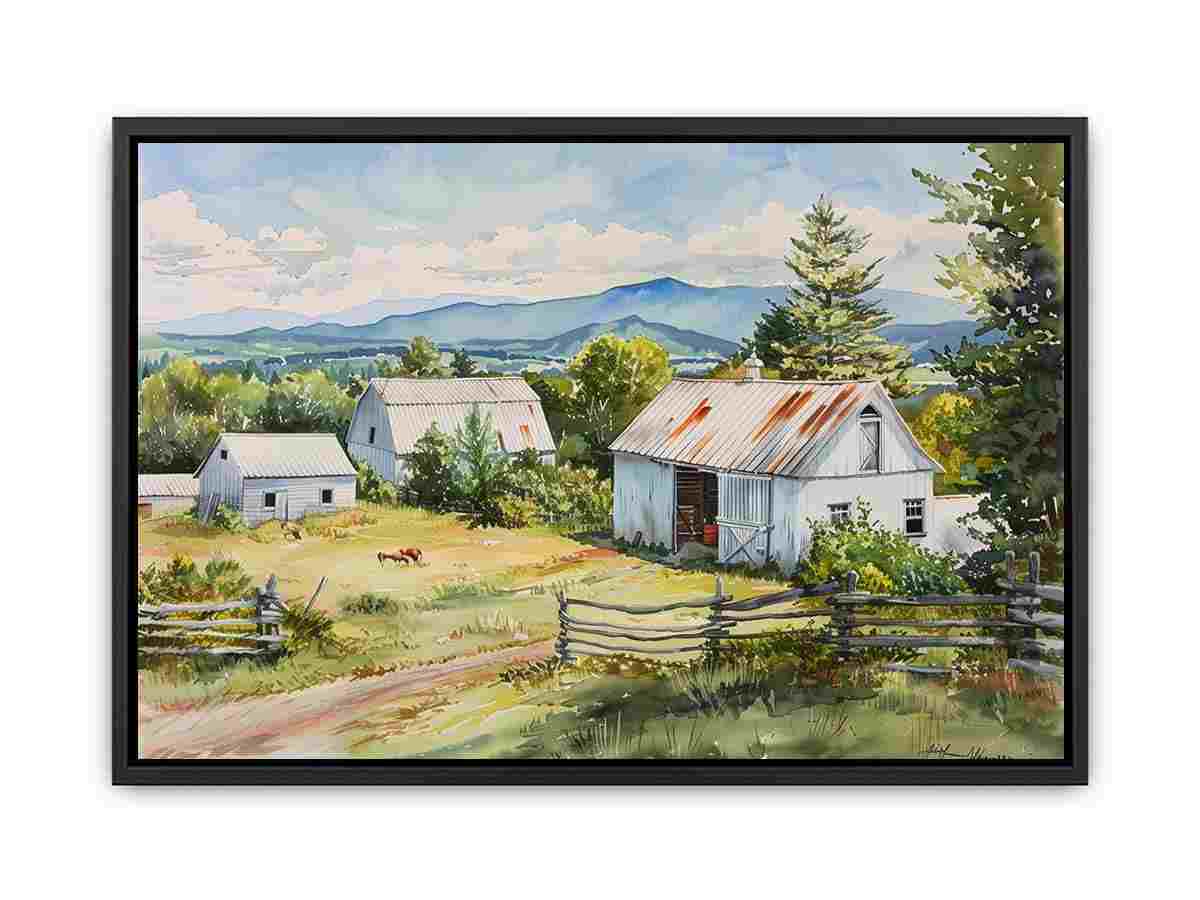 Watercolor farmhouse barn landscape canvas print for bright country kitchen decor.