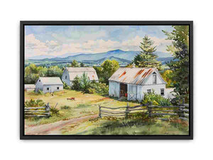 Watercolor farmhouse barn landscape canvas print for bright country kitchen decor.
