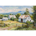 Watercolor farmhouse barn landscape canvas print for bright country kitchen decor.