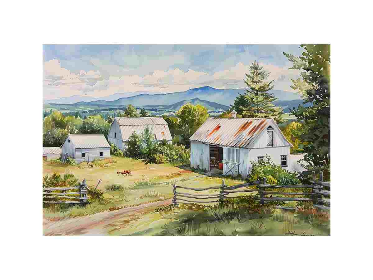 Watercolor farmhouse barn landscape canvas print for bright country kitchen decor.