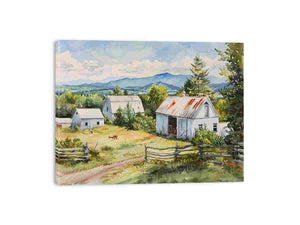 Watercolor farmhouse barn landscape canvas print for bright country kitchen decor.
