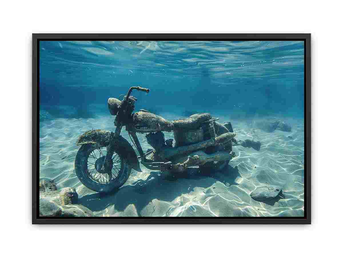 Underwater motorcycle canvas art with blue ocean tones for bold modern office decor.