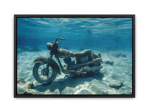 Underwater motorcycle canvas art with blue ocean tones for bold modern office decor.