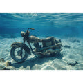 Underwater motorcycle canvas art with blue ocean tones for bold modern office decor.