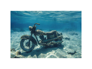 Underwater motorcycle canvas art with blue ocean tones for bold modern office decor.
