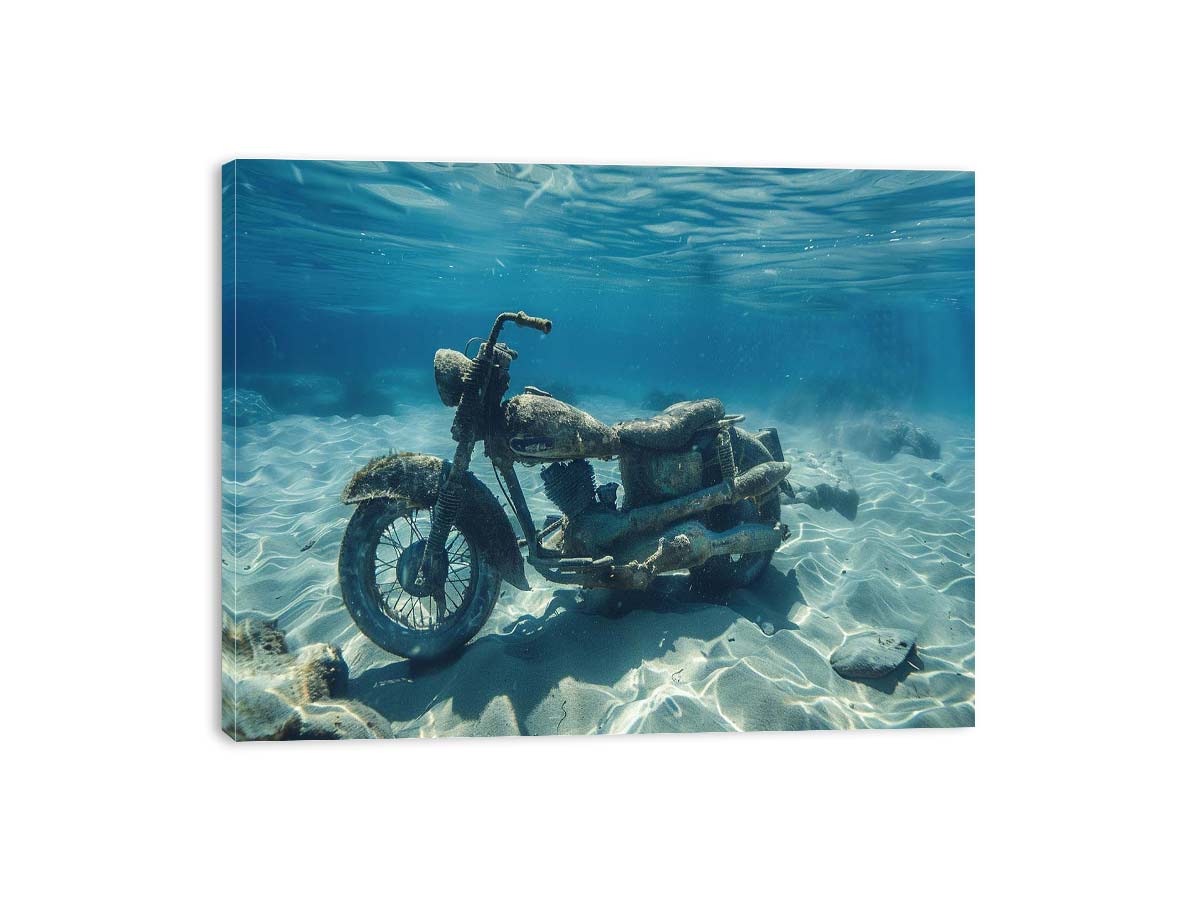 Underwater motorcycle canvas art with blue ocean tones for bold modern office decor.