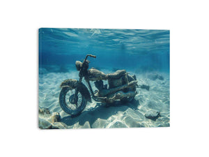Underwater motorcycle canvas art with blue ocean tones for bold modern office decor.