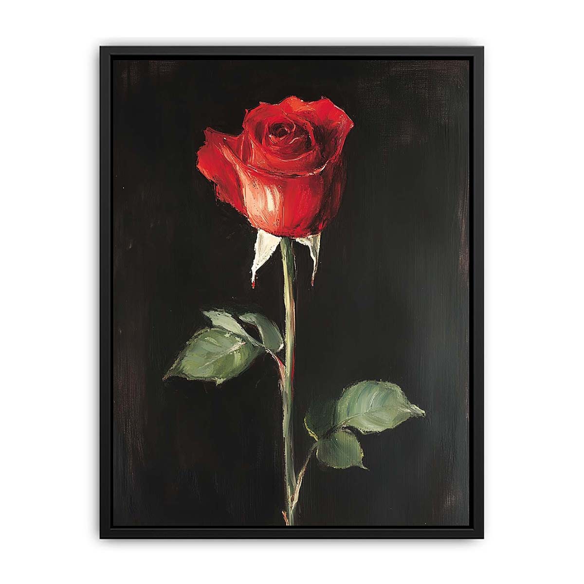 Red rose canvas art on black background for romantic modern bedroom decor.