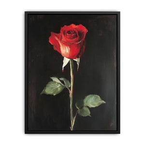 Red rose canvas art on black background for romantic modern bedroom decor.
