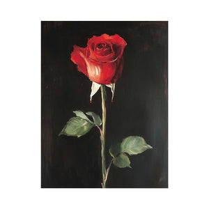 Red rose canvas art on black background for romantic modern bedroom decor.