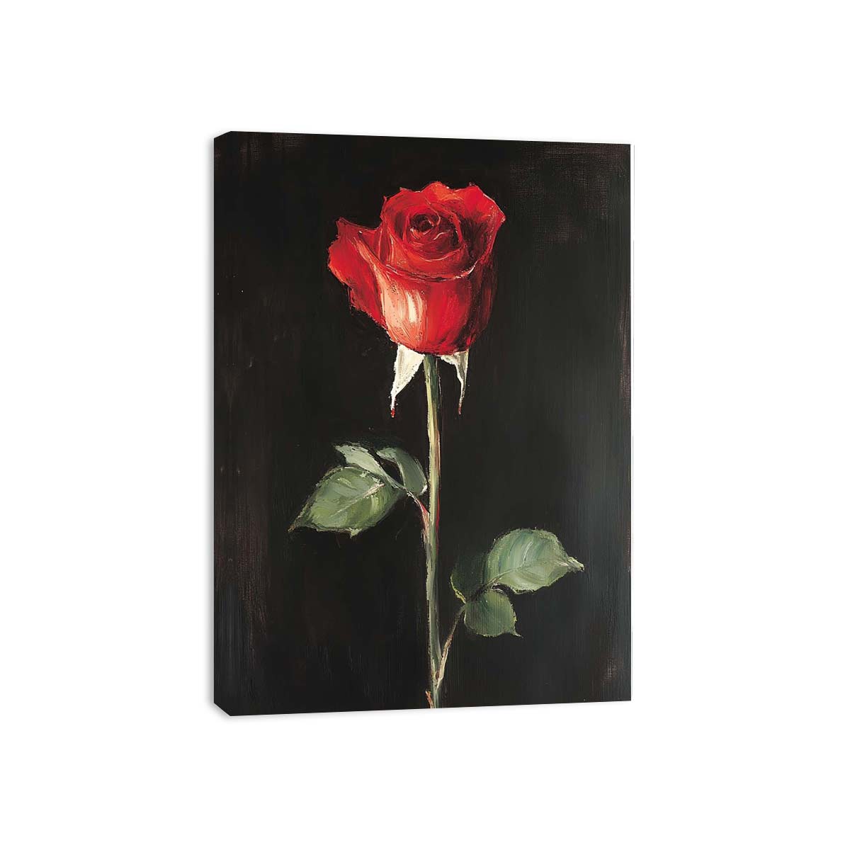Red rose canvas art on black background for romantic modern bedroom decor.