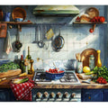 Rustic Mediterranean kitchen still life with tomatoes and utensils for kitchen decor.