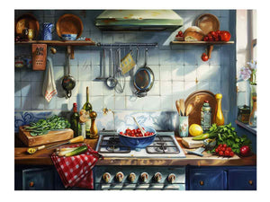 Rustic Mediterranean kitchen still life with tomatoes and utensils for kitchen decor.