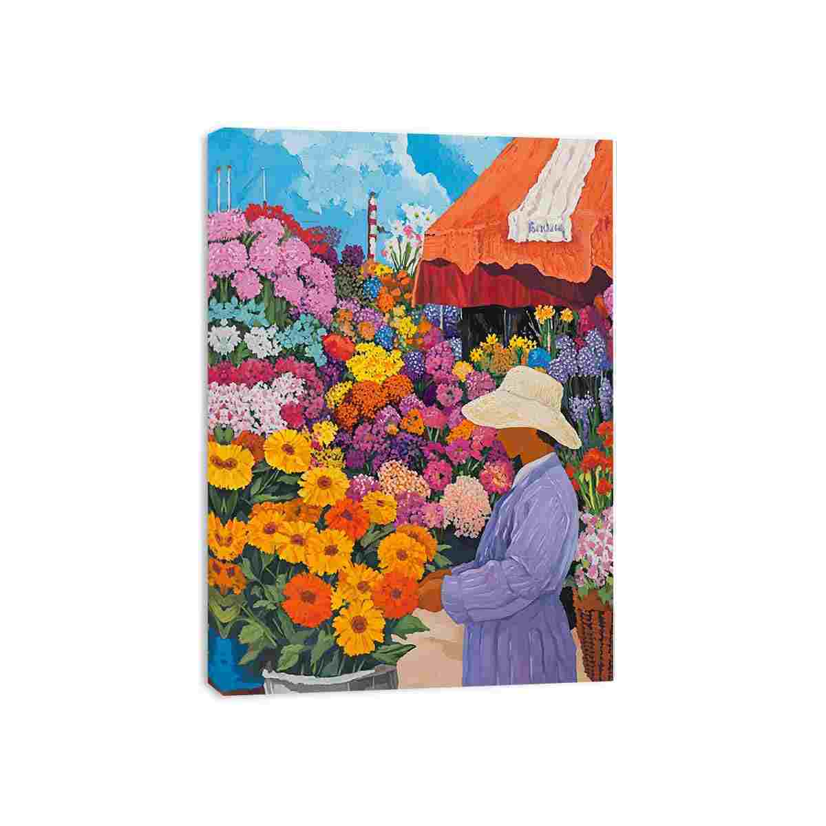 Colourful flower market canvas art in contemporary style for bright living room decor.