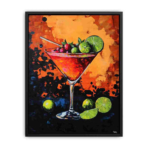 Bold cocktail canvas art with lime and berries for modern home bar decor.