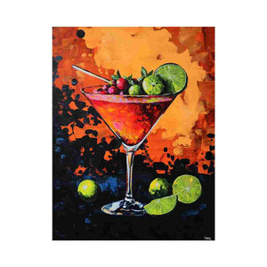 Bold cocktail canvas art with lime and berries for modern home bar decor.