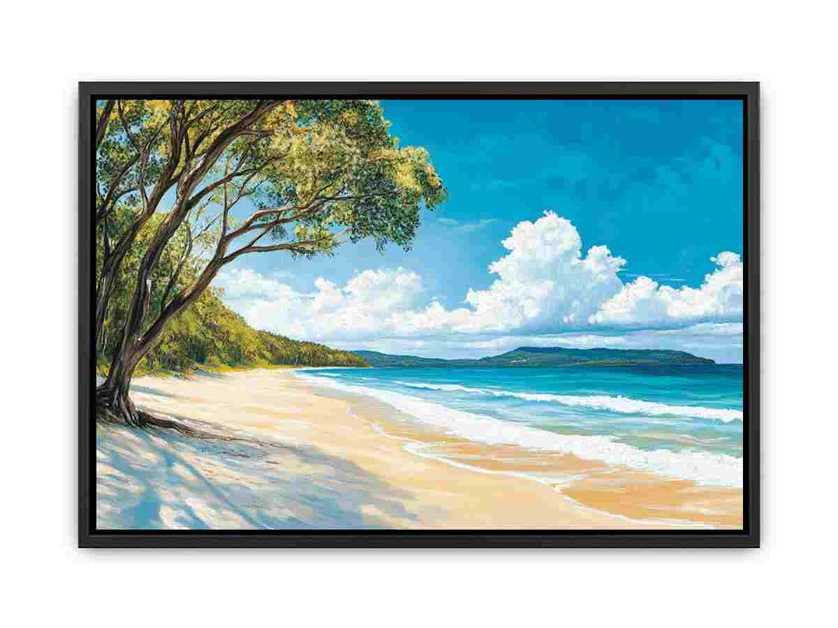 Coastal beach canvas art with turquoise ocean for relaxed living room decor.