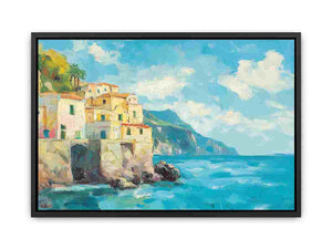 Mediterranean coastal village canvas art for elegant living room wall decor.