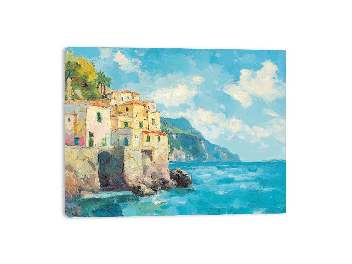 Mediterranean coastal village canvas art for elegant living room wall decor.