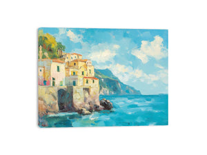 Mediterranean coastal village canvas art for elegant living room wall decor.