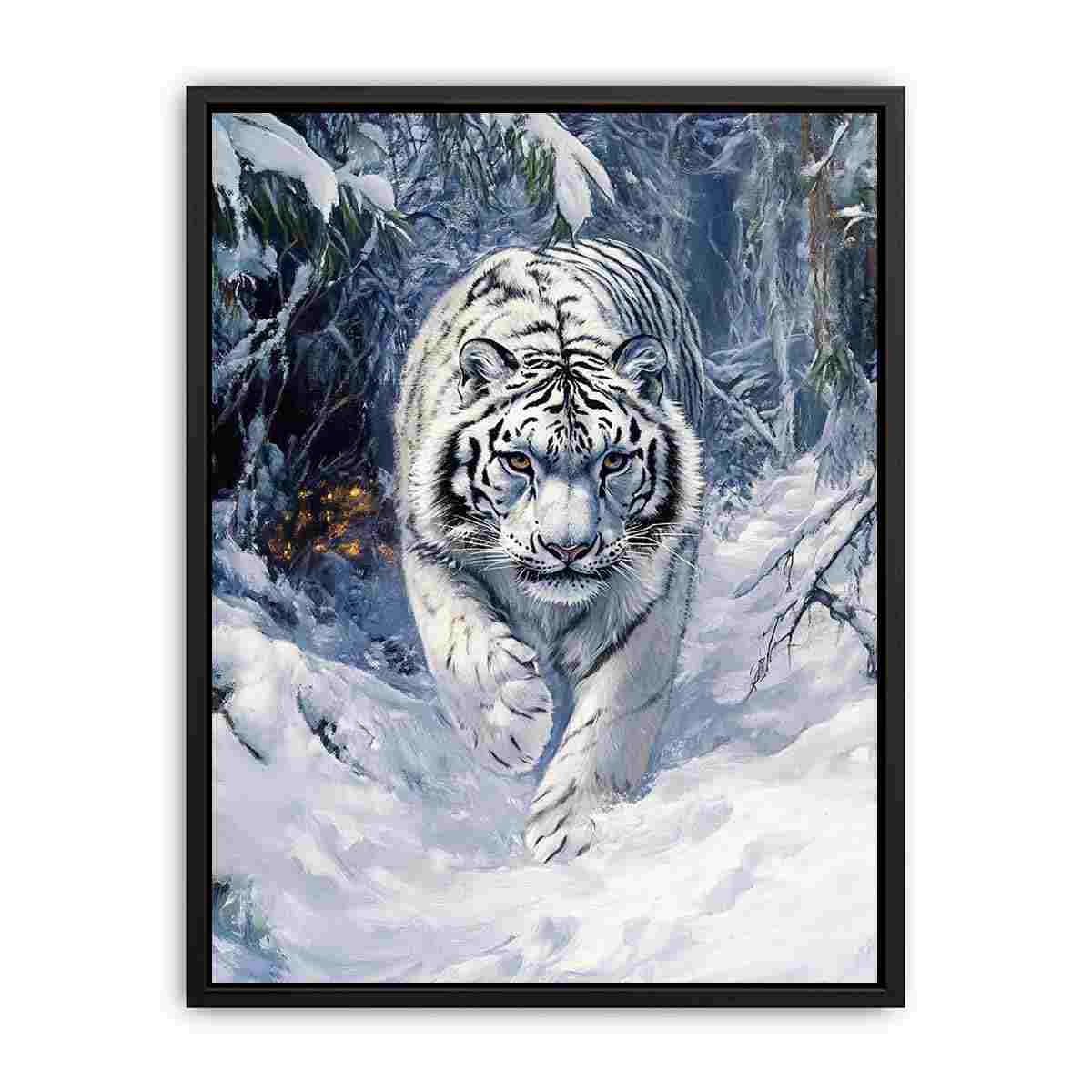 White tiger canvas art in snowy forest for dramatic modern office decor.
