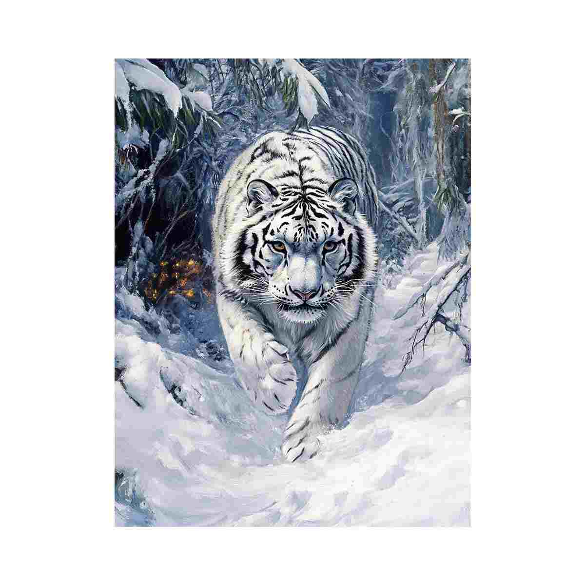White tiger canvas art in snowy forest for dramatic modern office decor.