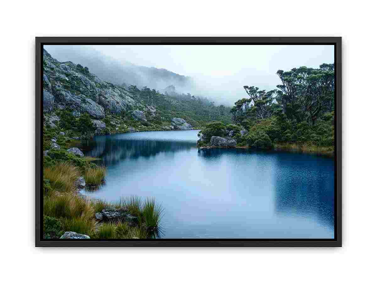 Misty mountain lake photography canvas for calm modern living room decor.