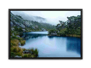 Misty mountain lake photography canvas for calm modern living room decor.
