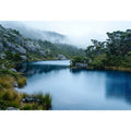 Misty mountain lake photography canvas for calm modern living room decor.