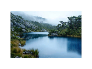 Misty mountain lake photography canvas for calm modern living room decor.