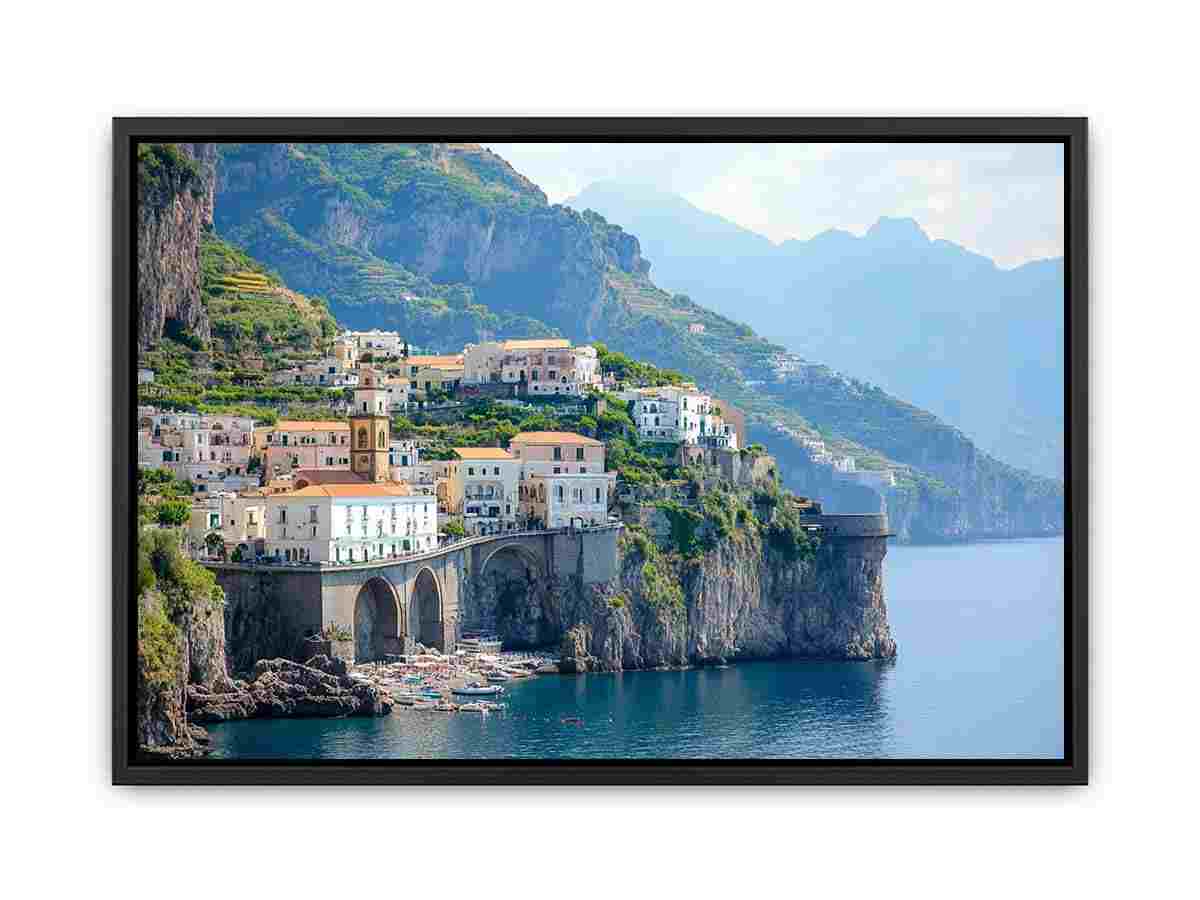 Amalfi coast photography canvas with cliffside village for luxury living room decor.
