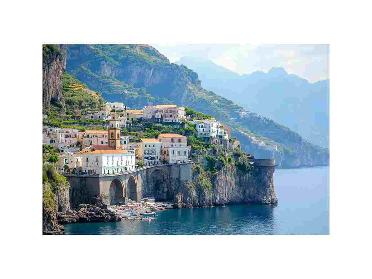 Amalfi coast photography canvas with cliffside village for luxury living room decor.
