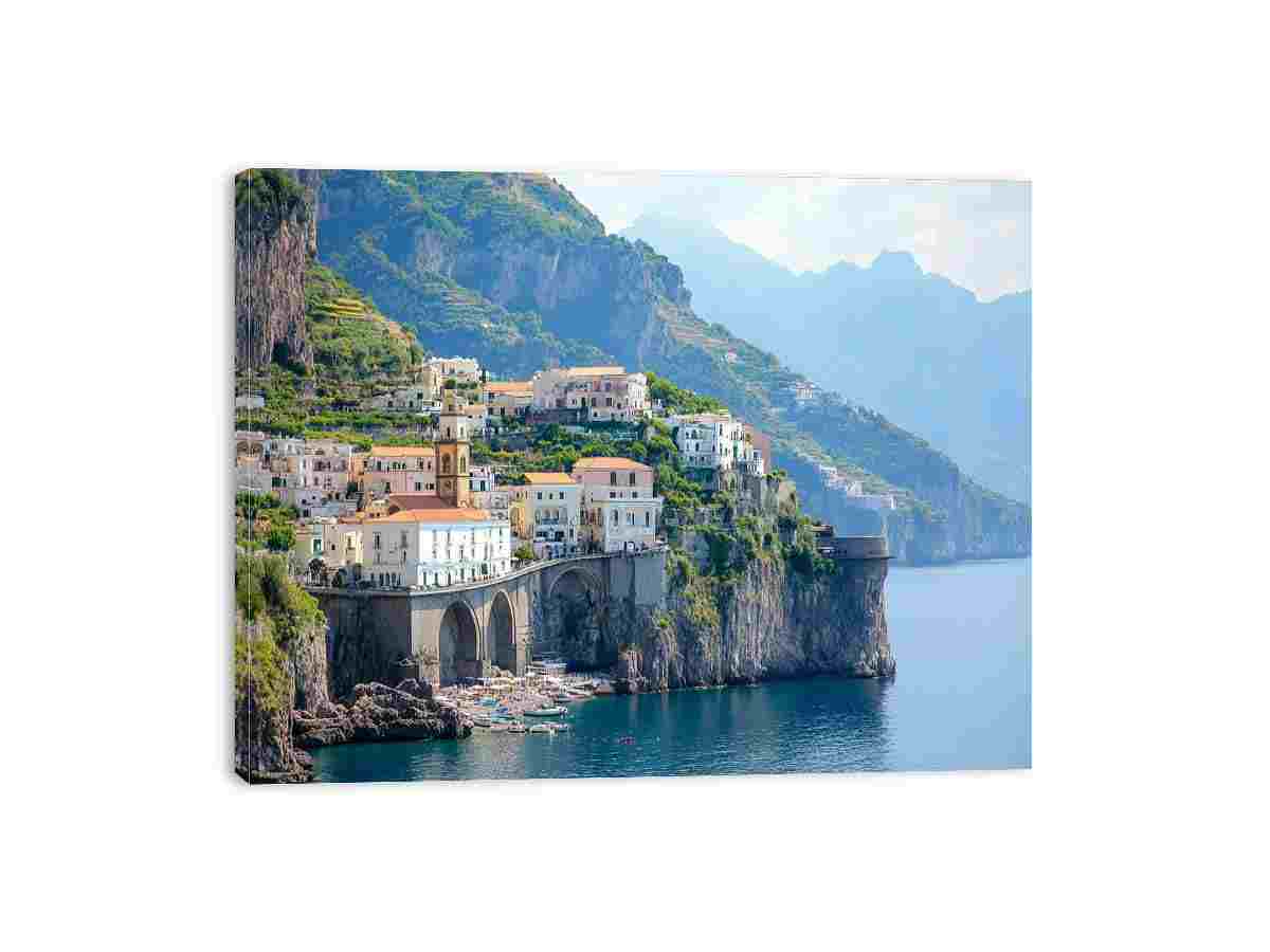 Amalfi coast photography canvas with cliffside village for luxury living room decor.
