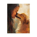 Warm woman and golden dog canvas art for cozy bedroom or family decor.