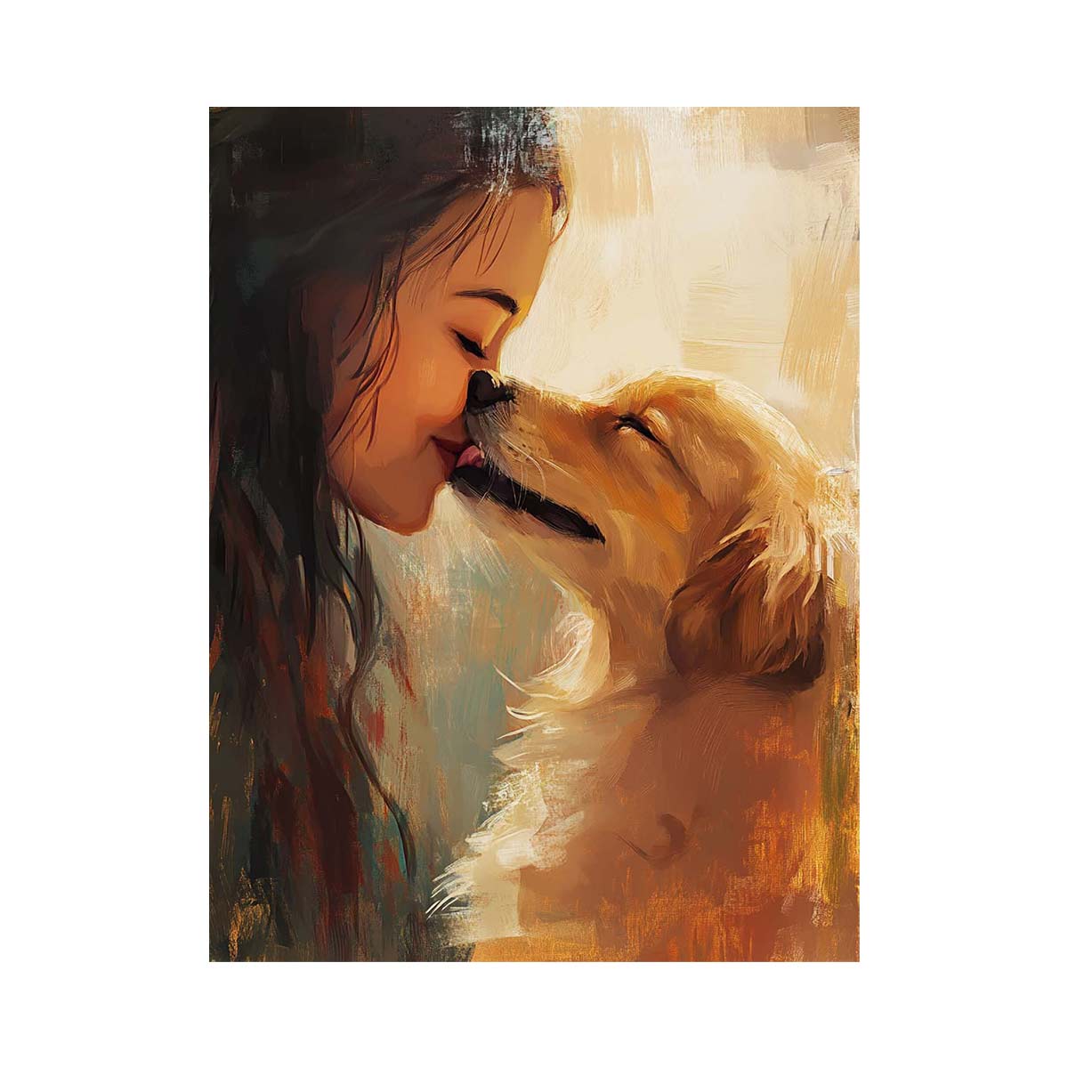 Warm woman and golden dog canvas art for cozy bedroom or family decor.