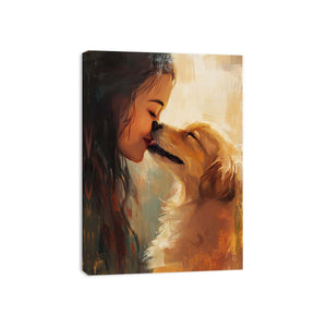 Warm woman and golden dog canvas art for cozy bedroom or family decor.