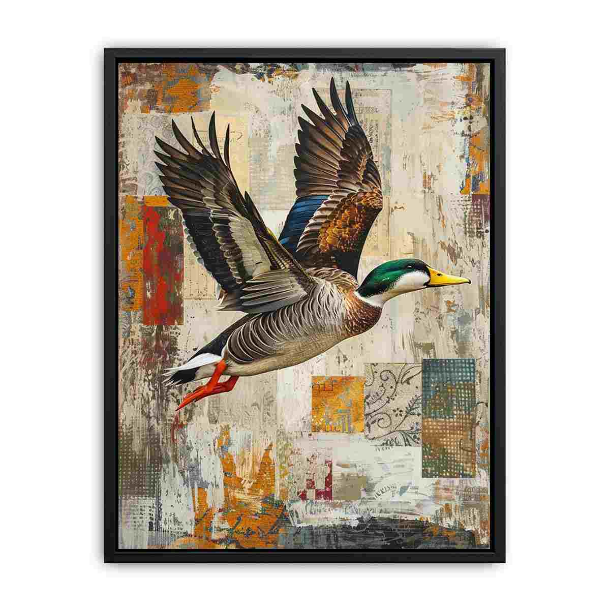 Mallard duck canvas art with vintage collage style for rustic office decor.