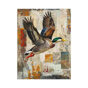 Mallard duck canvas art with vintage collage style for rustic office decor.