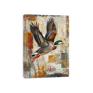 Mallard duck canvas art with vintage collage style for rustic office decor.