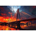 Dramatic bridge skyline canvas art with fiery reflections for modern office decor.