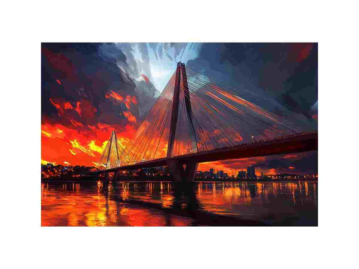 Dramatic bridge skyline canvas art with fiery reflections for modern office decor.