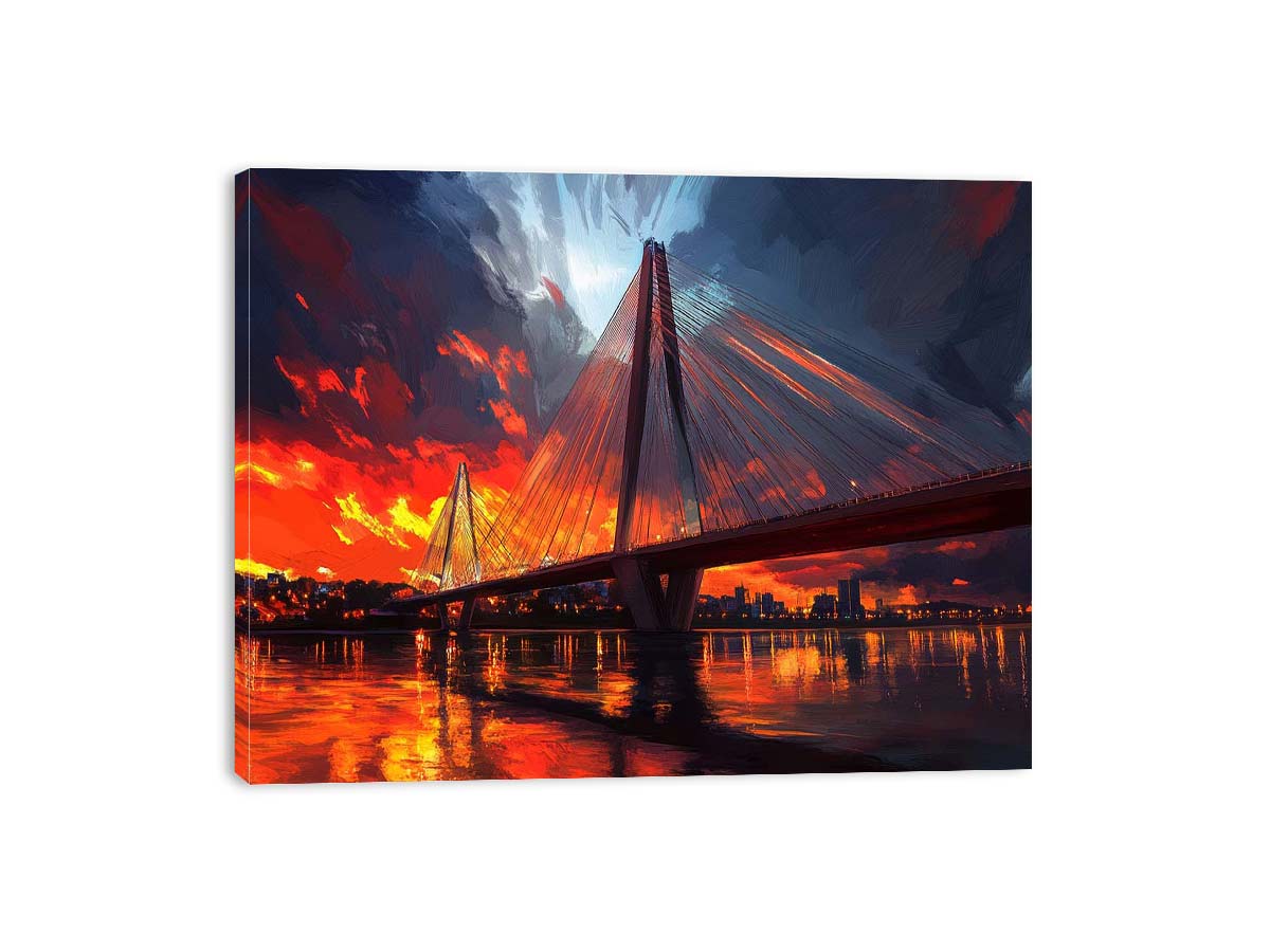 Dramatic bridge skyline canvas art with fiery reflections for modern office decor.