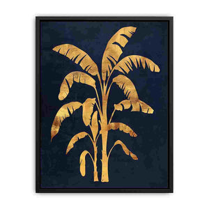 Gold banana palm canvas art on navy background for luxury living room decor.