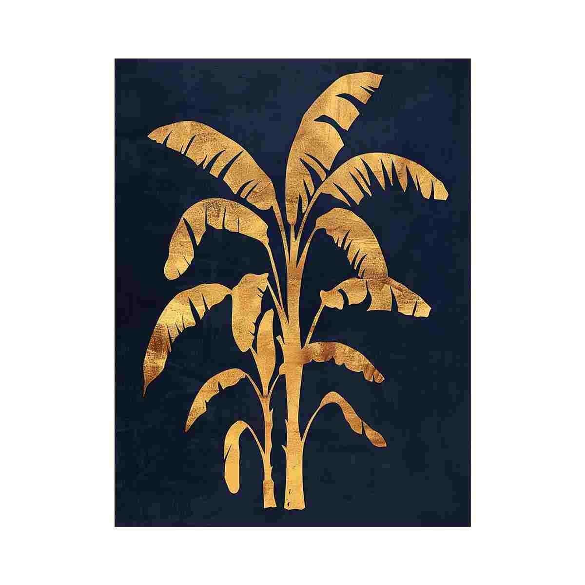 Gold banana palm canvas art on navy background for luxury living room decor.
