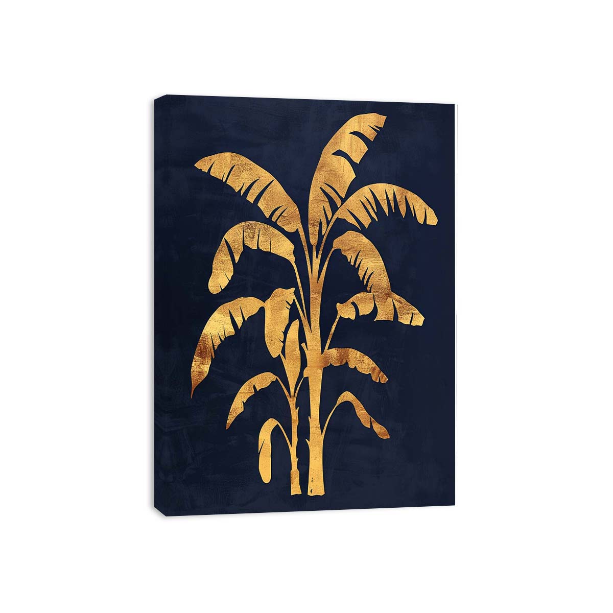Gold banana palm canvas art on navy background for luxury living room decor.